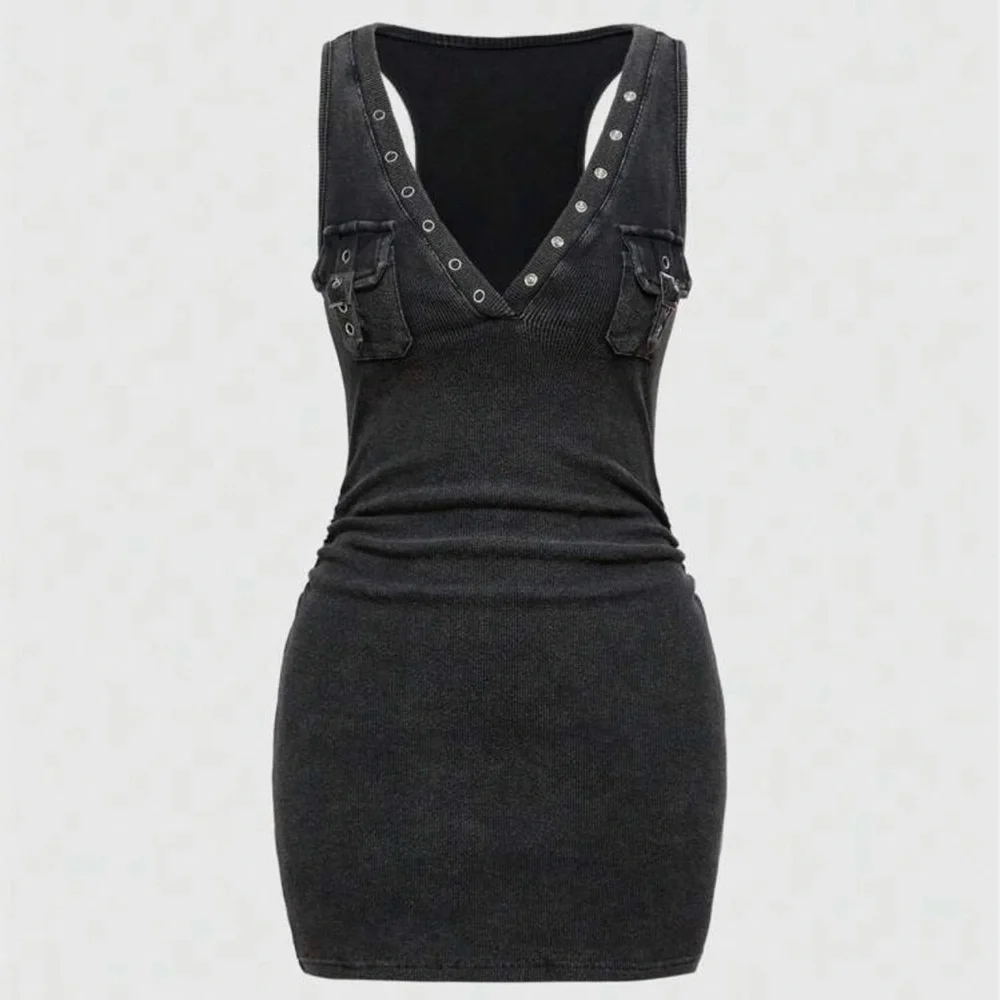 ROMWE Charcoal V-Neck Bodycon Mini Dress | Grommet Detail | NWT | Size XS - Picture 2 of 5